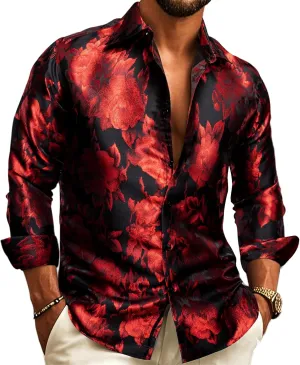 Barry.Wang Men's Silk Shirts Button Down Dress Shirt for Men Satin Paisley Floral Long Sleeve Cowboy Casual Mexico Shirts