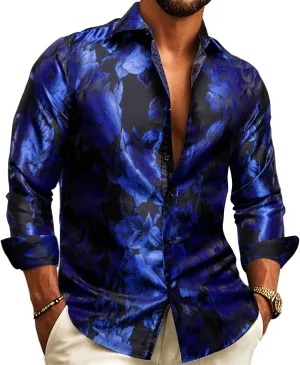 Barry.Wang Men's Silk Shirts Button Down Dress Shirt for Men Satin Paisley Floral Long Sleeve Cowboy Casual Mexico Shirts