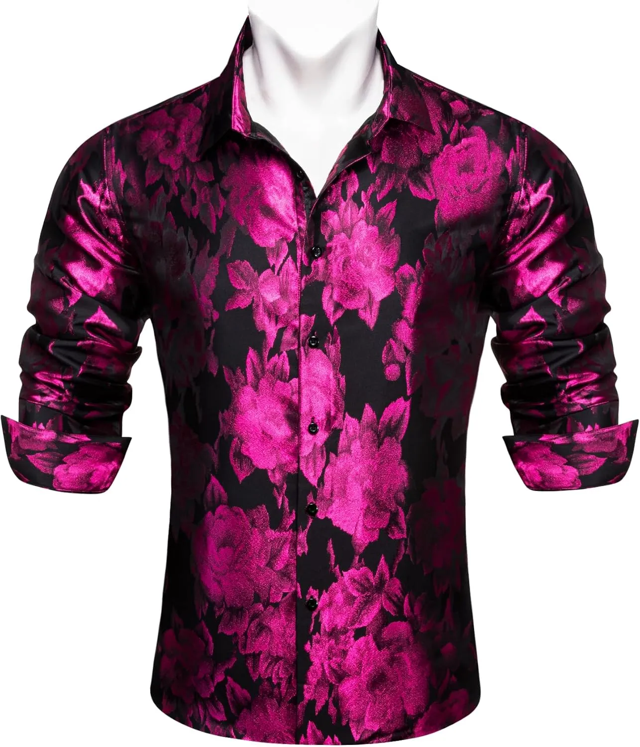 Barry.Wang Men's Silk Shirts Button Down Dress Shirt for Men Satin Paisley Floral Long Sleeve Cowboy Casual Mexico Shirts