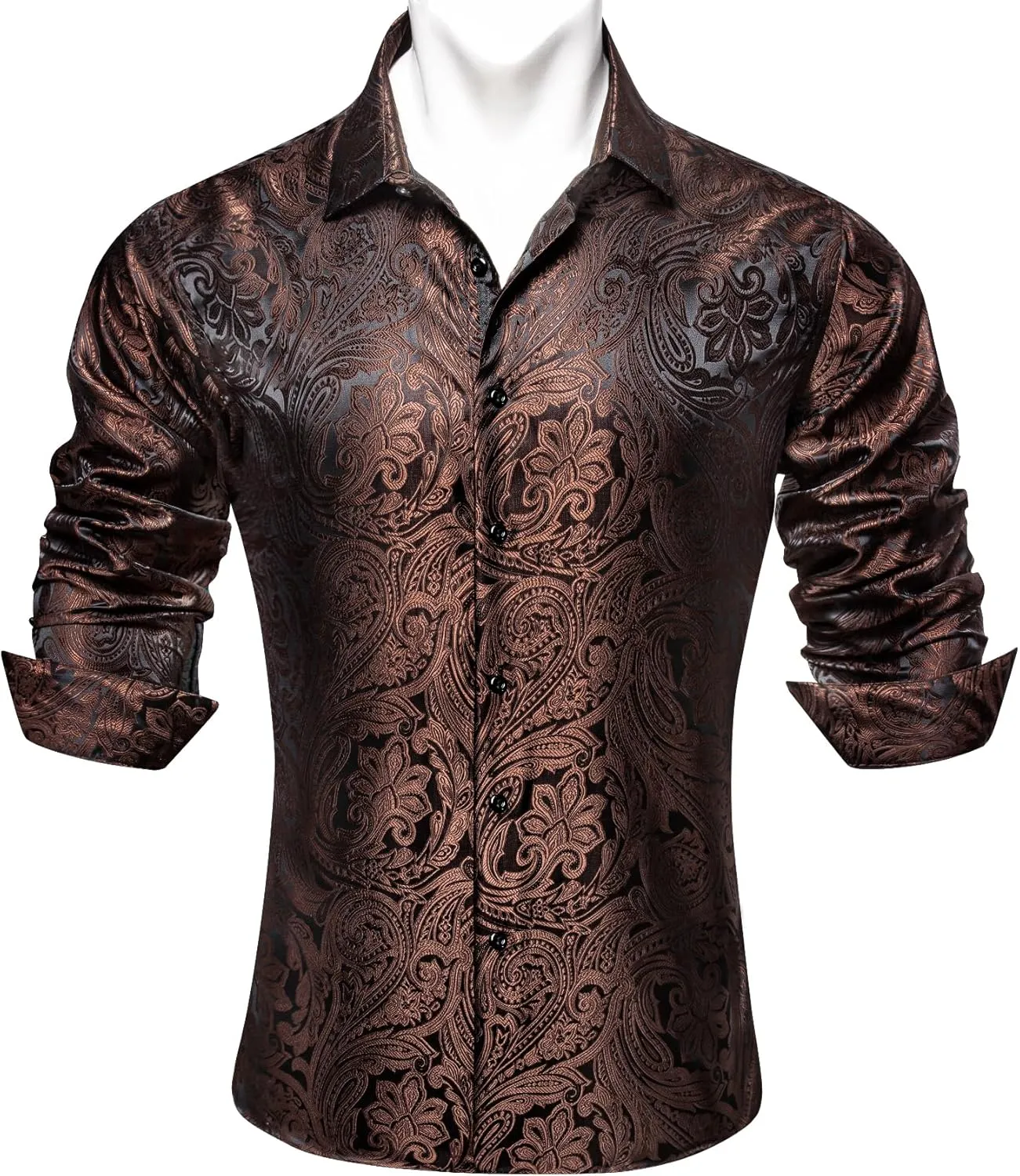 Barry.Wang Men's Silk Shirts Button Down Dress Shirt for Men Satin Paisley Floral Long Sleeve Cowboy Casual Mexico Shirts
