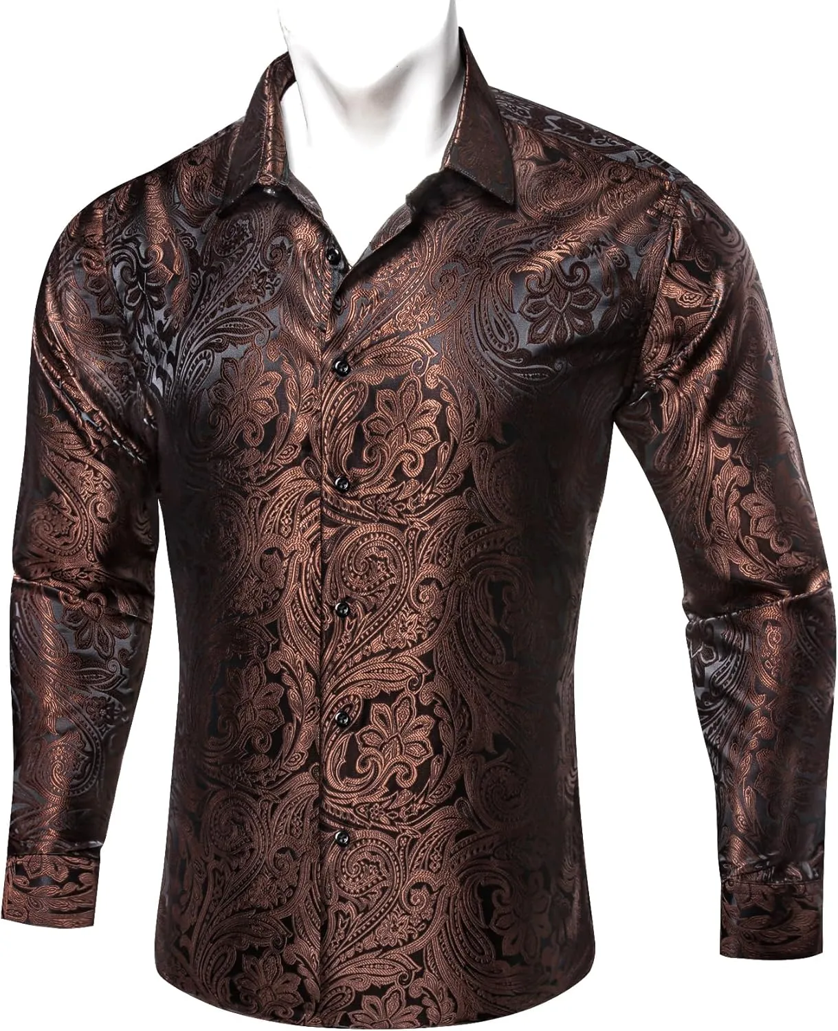 Barry.Wang Men's Silk Shirts Button Down Dress Shirt for Men Satin Paisley Floral Long Sleeve Cowboy Casual Mexico Shirts