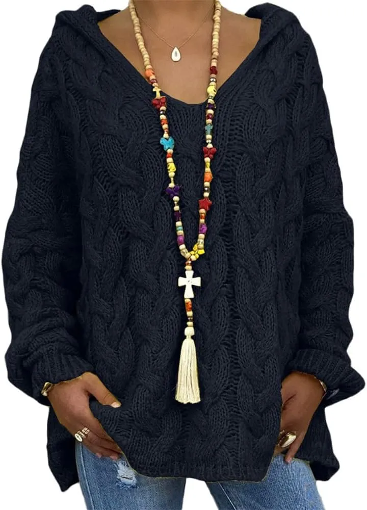 Bengbobar Womens Oversized Sweaters Chunky Cable Knit Pullover Hooded Sweaters V Neck Long Sleeve Loose Solid Color Hoodies