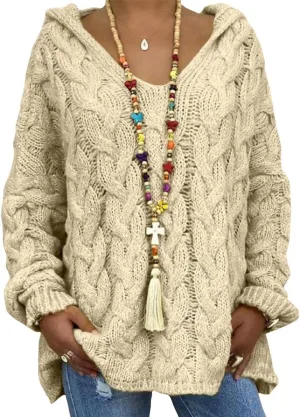 Bengbobar Womens Oversized Sweaters Chunky Cable Knit Pullover Hooded Sweaters V Neck Long Sleeve Loose Solid Color Hoodies