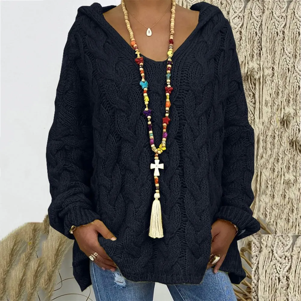 Bengbobar Womens Oversized Sweaters Chunky Cable Knit Pullover Hooded Sweaters V Neck Long Sleeve Loose Solid Color Hoodies