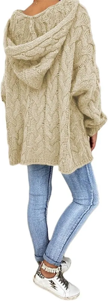 Bengbobar Womens Oversized Sweaters Chunky Cable Knit Pullover Hooded Sweaters V Neck Long Sleeve Loose Solid Color Hoodies