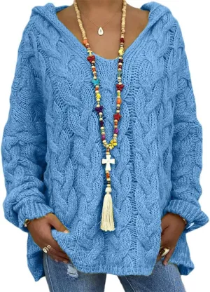 Bengbobar Womens Oversized Sweaters Chunky Cable Knit Pullover Hooded Sweaters V Neck Long Sleeve Loose Solid Color Hoodies