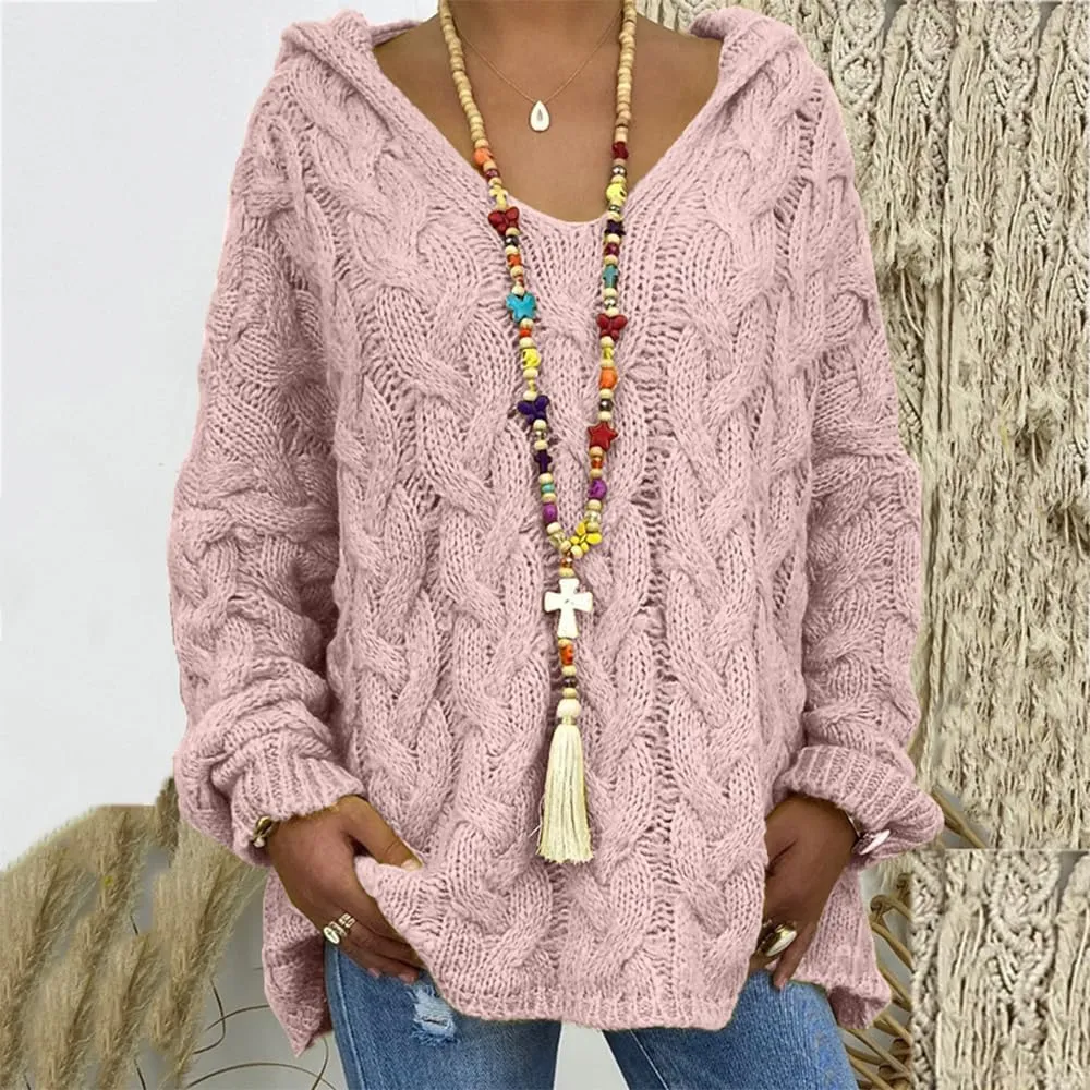 Bengbobar Womens Oversized Sweaters Chunky Cable Knit Pullover Hooded Sweaters V Neck Long Sleeve Loose Solid Color Hoodies