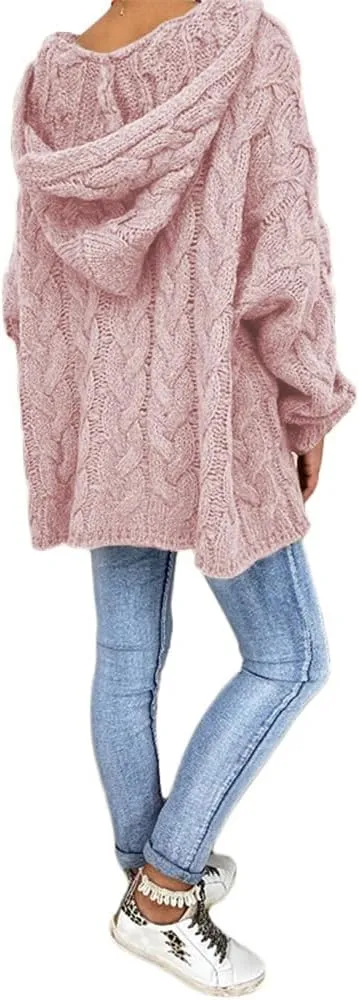 Bengbobar Womens Oversized Sweaters Chunky Cable Knit Pullover Hooded Sweaters V Neck Long Sleeve Loose Solid Color Hoodies