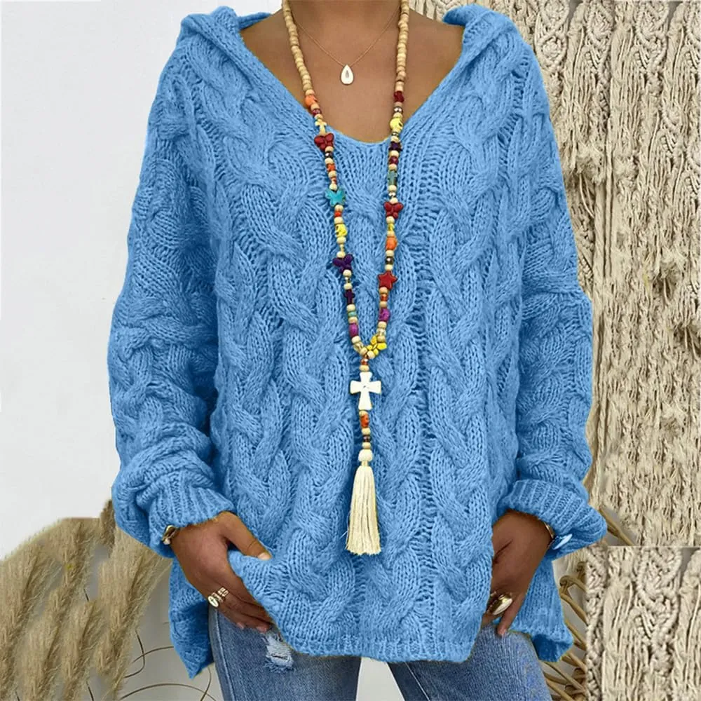 Bengbobar Womens Oversized Sweaters Chunky Cable Knit Pullover Hooded Sweaters V Neck Long Sleeve Loose Solid Color Hoodies