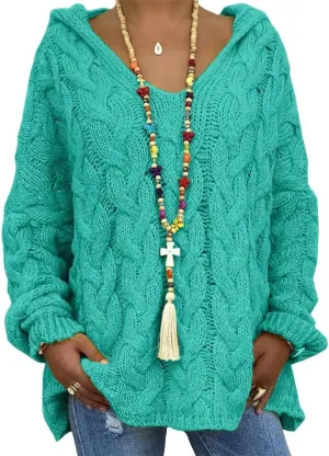 Bengbobar Womens Oversized Sweaters Chunky Cable Knit Pullover Hooded Sweaters V Neck Long Sleeve Loose Solid Color Hoodies