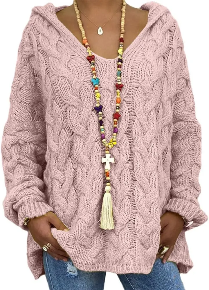 Bengbobar Womens Oversized Sweaters Chunky Cable Knit Pullover Hooded Sweaters V Neck Long Sleeve Loose Solid Color Hoodies