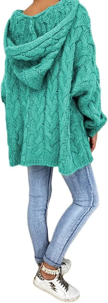 Bengbobar Womens Oversized Sweaters Chunky Cable Knit Pullover Hooded Sweaters V Neck Long Sleeve Loose Solid Color Hoodies