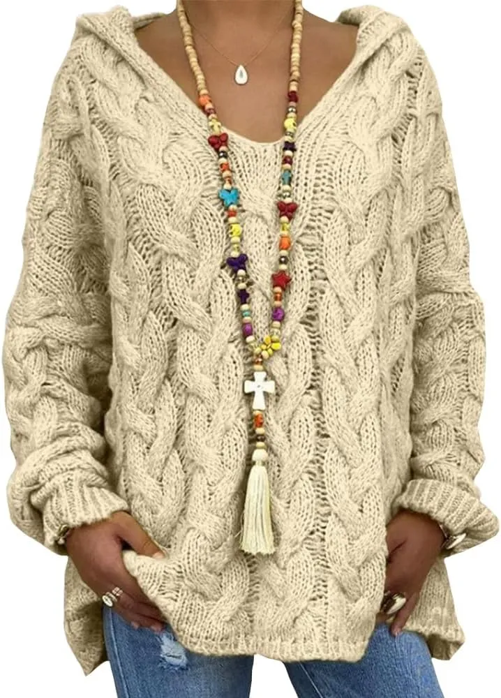 Bengbobar Womens Oversized Sweaters Chunky Cable Knit Pullover Hooded Sweaters V Neck Long Sleeve Loose Solid Color Hoodies