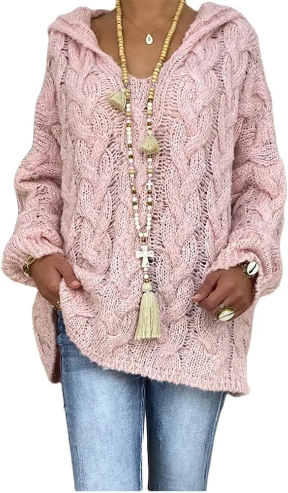 Bengbobar Womens Oversized Sweaters Chunky Cable Knit Pullover Hooded Sweaters V Neck Long Sleeve Loose Solid Color Hoodies