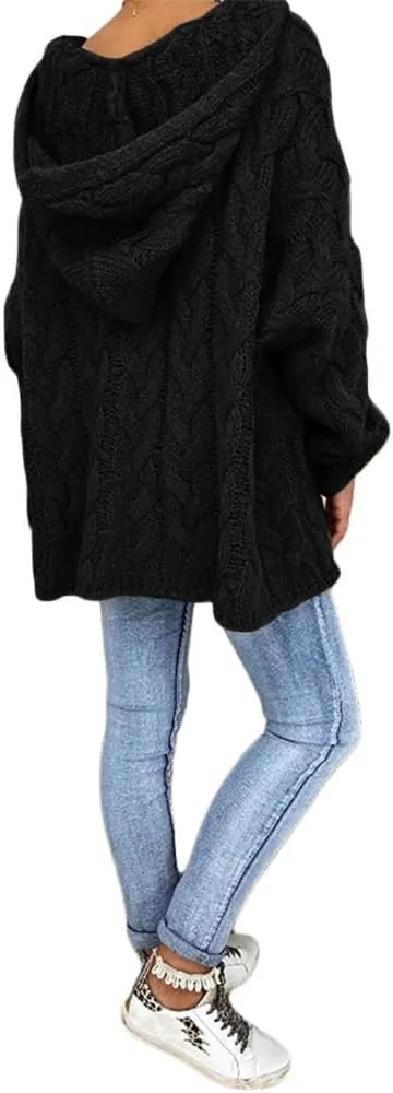 Bengbobar Womens Oversized Sweaters Chunky Cable Knit Pullover Hooded Sweaters V Neck Long Sleeve Loose Solid Color Hoodies