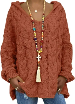 Bengbobar Womens Oversized Sweaters Chunky Cable Knit Pullover Hooded Sweaters V Neck Long Sleeve Loose Solid Color Hoodies