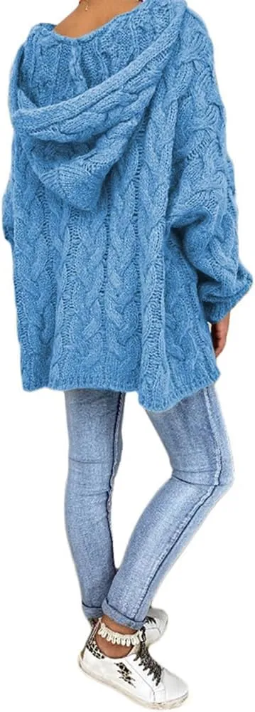 Bengbobar Womens Oversized Sweaters Chunky Cable Knit Pullover Hooded Sweaters V Neck Long Sleeve Loose Solid Color Hoodies