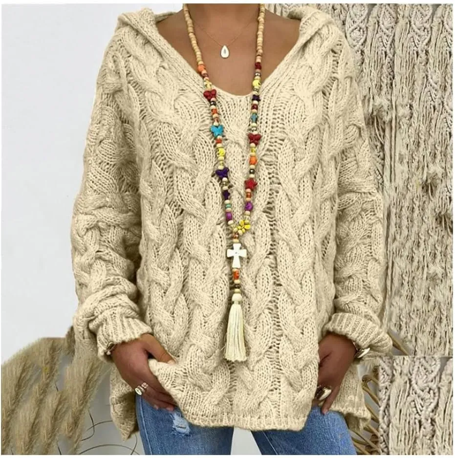 Bengbobar Womens Oversized Sweaters Chunky Cable Knit Pullover Hooded Sweaters V Neck Long Sleeve Loose Solid Color Hoodies