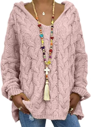 Bengbobar Womens Oversized Sweaters Chunky Cable Knit Pullover Hooded Sweaters V Neck Long Sleeve Loose Solid Color Hoodies