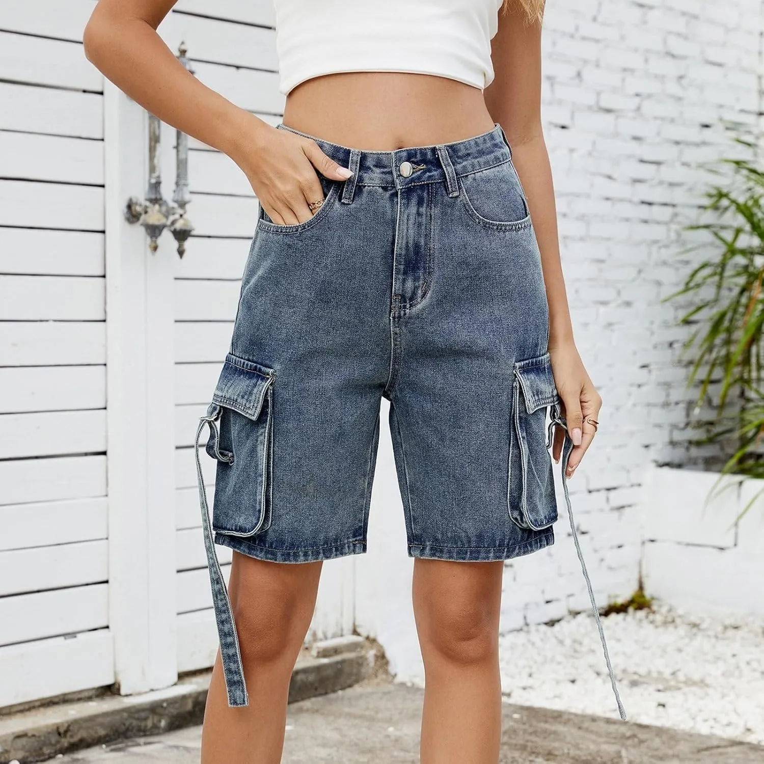 Bermuda Jean Shorts for Women High Waisted Trendy Stretchy Denim Shorts Knee Length Cropped Loose Fit Long Short