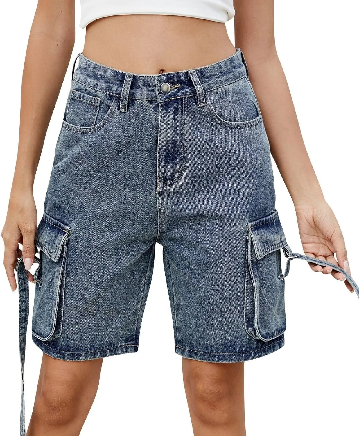 Bermuda Jean Shorts for Women High Waisted Trendy Stretchy Denim Shorts Knee Length Cropped Loose Fit Long Short