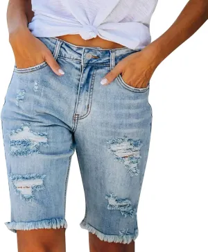 Bermuda Jean Shorts for Women High Waisted Trendy Stretchy Denim Shorts Knee Length Cropped Loose Fit Long Short