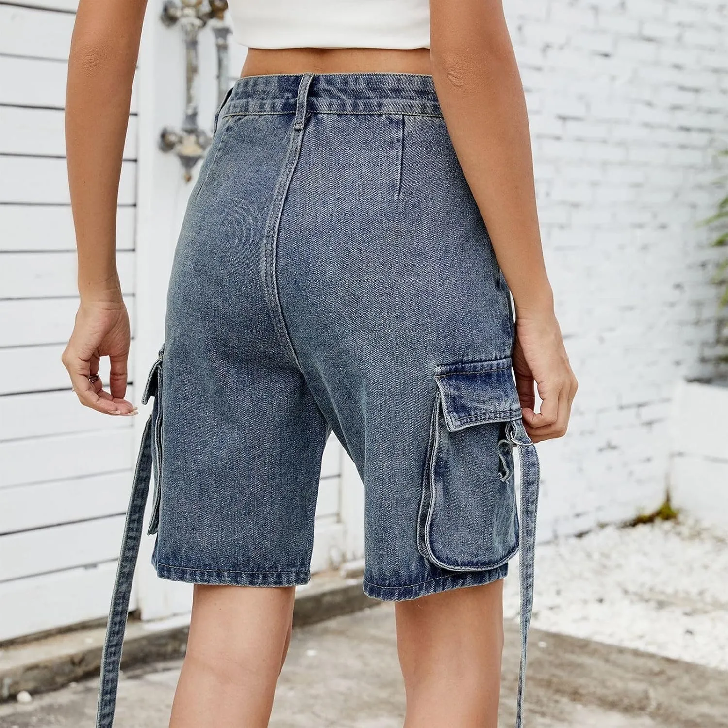 Bermuda Jean Shorts for Women High Waisted Trendy Stretchy Denim Shorts Knee Length Cropped Loose Fit Long Short