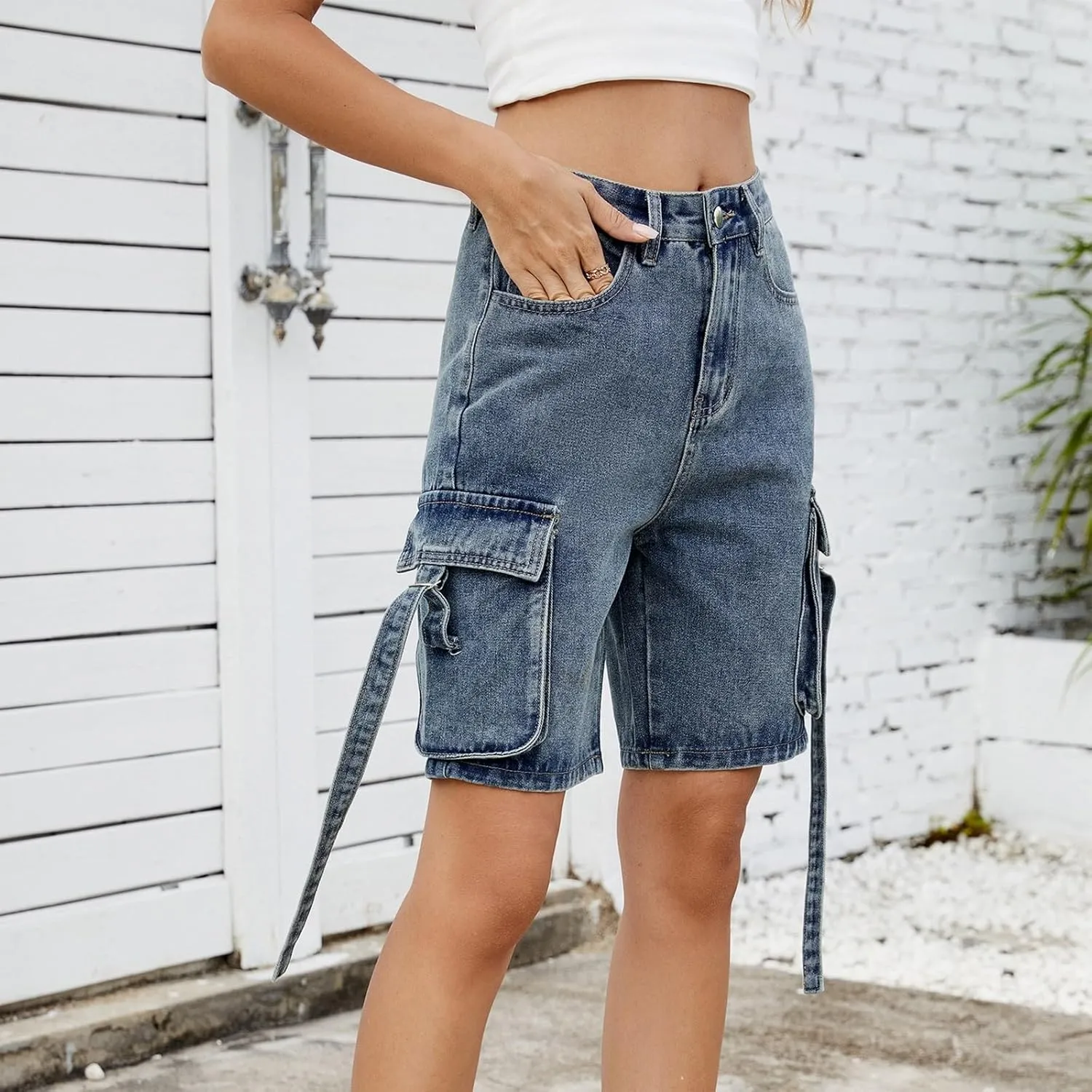 Bermuda Jean Shorts for Women High Waisted Trendy Stretchy Denim Shorts Knee Length Cropped Loose Fit Long Short