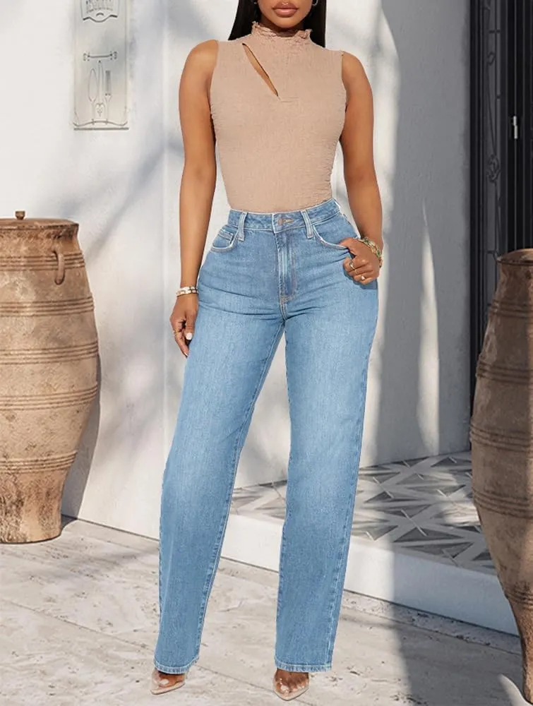BessCops Straight Leg Jeans for Women High Waisted Wide Leg Stretchy Loose Denim Pants