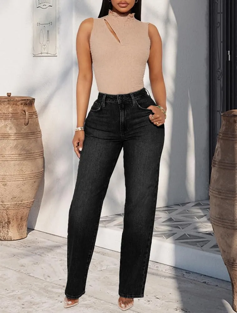 BessCops Straight Leg Jeans for Women High Waisted Wide Leg Stretchy Loose Denim Pants