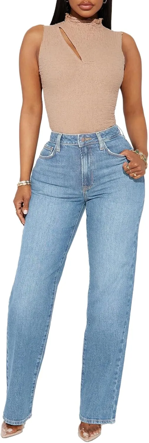 BessCops Straight Leg Jeans for Women High Waisted Wide Leg Stretchy Loose Denim Pants
