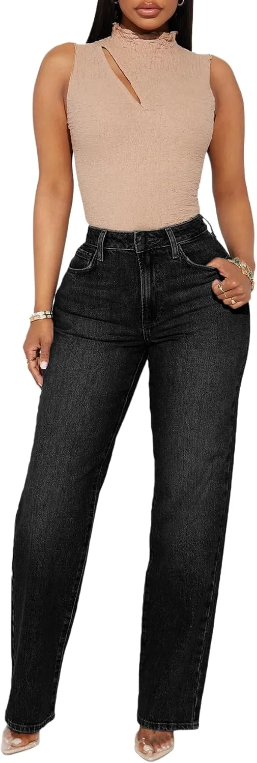 BessCops Straight Leg Jeans for Women High Waisted Wide Leg Stretchy Loose Denim Pants