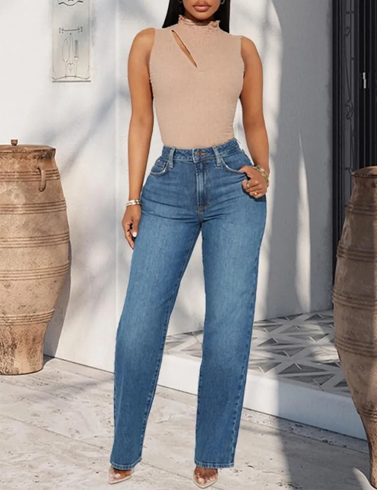 BessCops Straight Leg Jeans for Women High Waisted Wide Leg Stretchy Loose Denim Pants