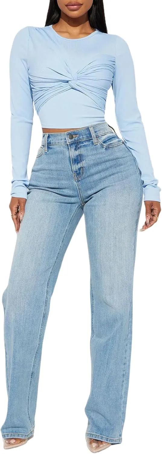 BessCops Straight Leg Jeans for Women High Waisted Wide Leg Stretchy Loose Denim Pants
