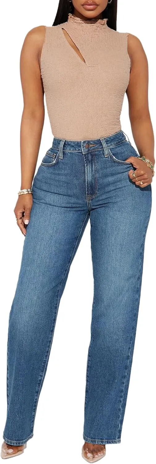 BessCops Straight Leg Jeans for Women High Waisted Wide Leg Stretchy Loose Denim Pants