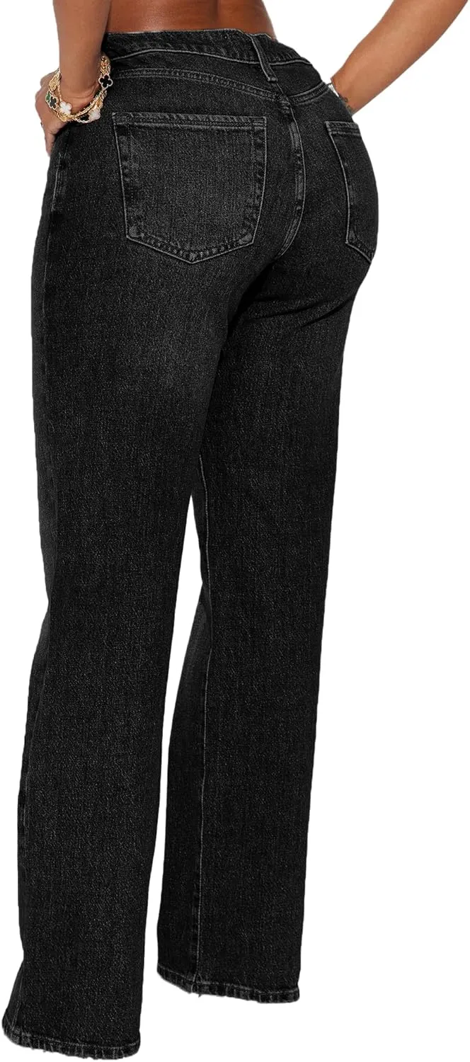 BessCops Straight Leg Jeans for Women High Waisted Wide Leg Stretchy Loose Denim Pants