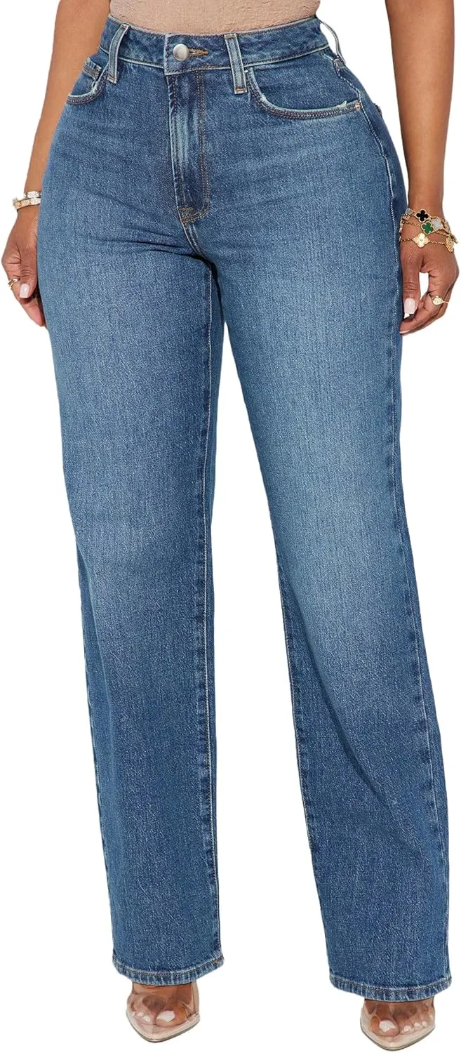 BessCops Straight Leg Jeans for Women High Waisted Wide Leg Stretchy Loose Denim Pants