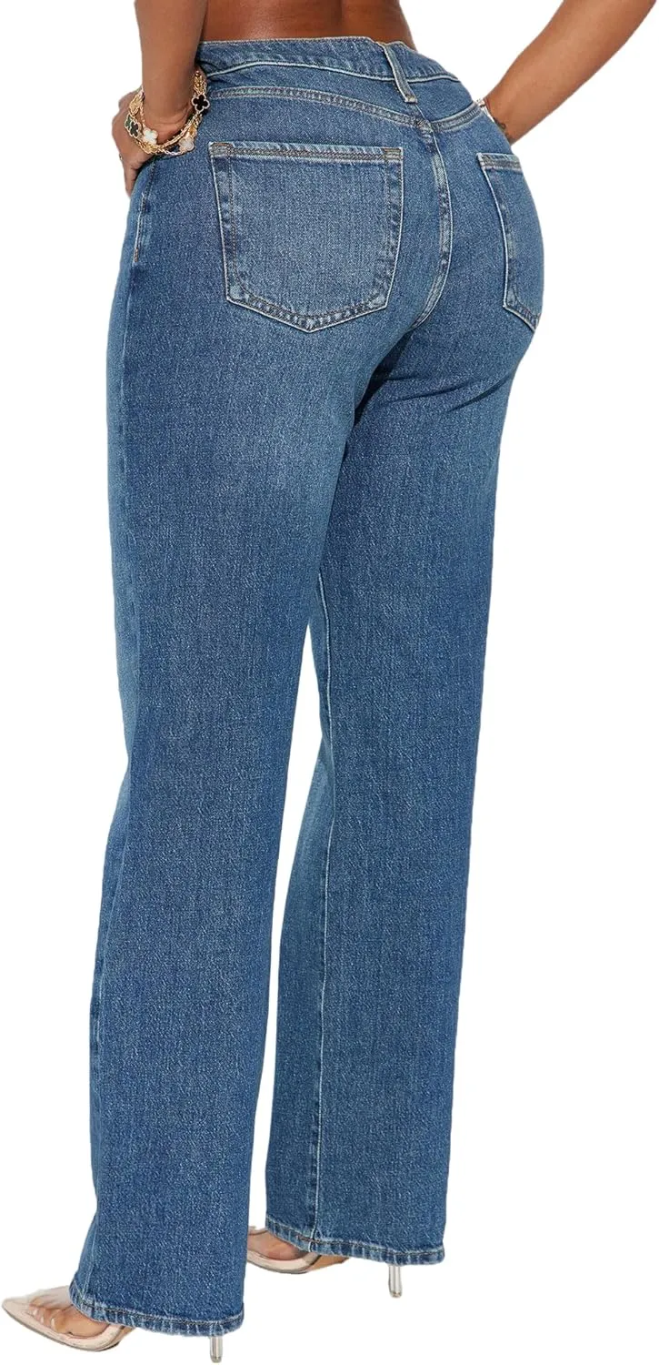 BessCops Straight Leg Jeans for Women High Waisted Wide Leg Stretchy Loose Denim Pants