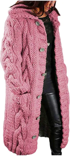 Cable Knit Open Front Sweaters for Women Long Plus Size Cardigan Hooded Chunky Button Down Comfy Kimono Coat Elegant Pockets