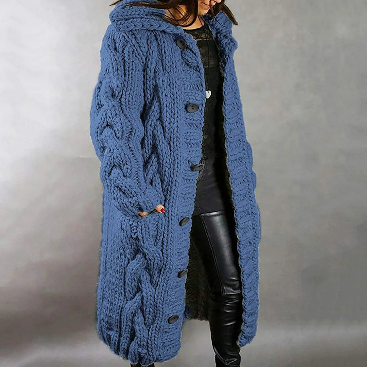 Cable Knit Open Front Sweaters for Women Long Plus Size Cardigan Hooded Chunky Button Down Comfy Kimono Coat Elegant Pockets