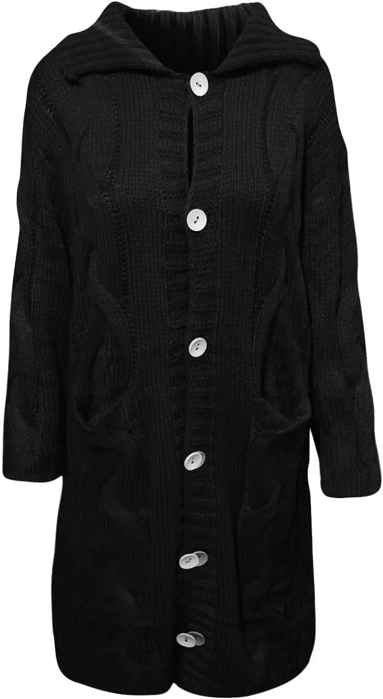 Cable Knit Open Front Sweaters for Women Long Plus Size Cardigan Hooded Chunky Button Down Comfy Kimono Coat Elegant Pockets