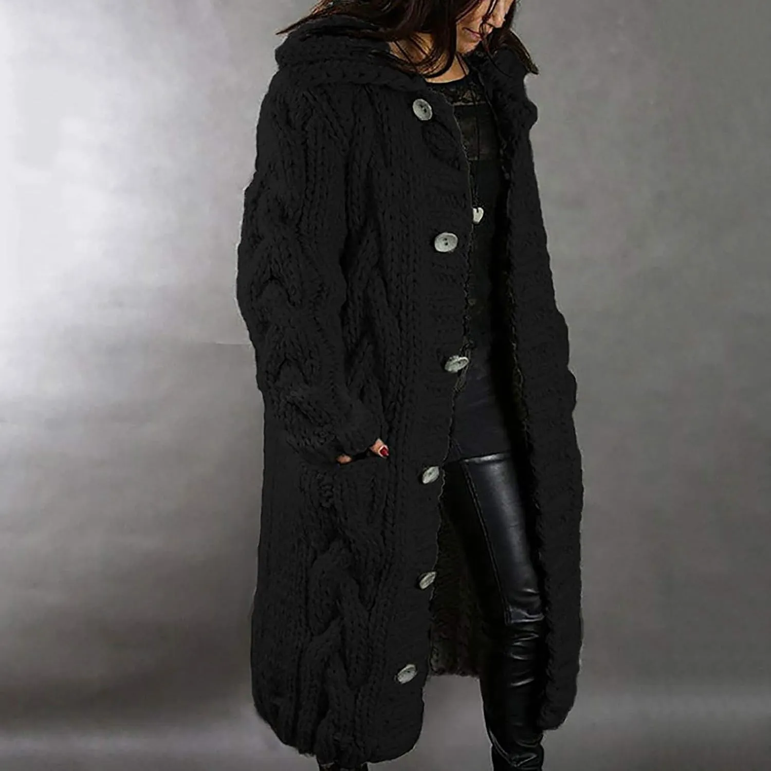 Cable Knit Open Front Sweaters for Women Long Plus Size Cardigan Hooded Chunky Button Down Comfy Kimono Coat Elegant Pockets