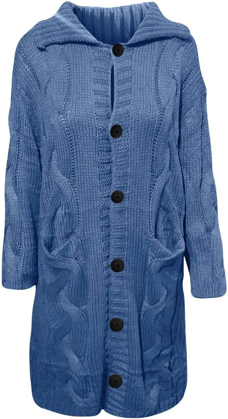 Cable Knit Open Front Sweaters for Women Long Plus Size Cardigan Hooded Chunky Button Down Comfy Kimono Coat Elegant Pockets