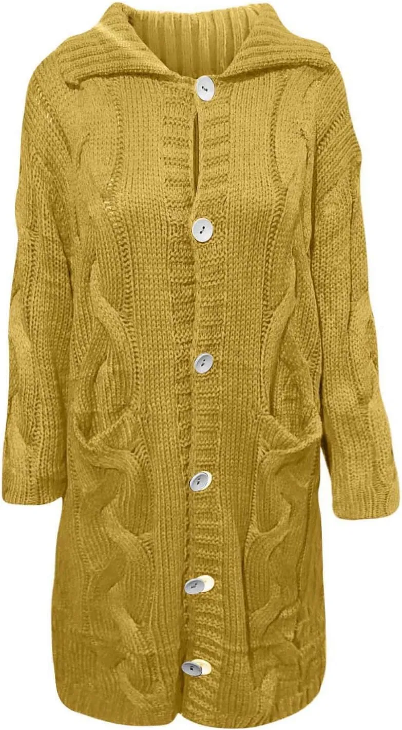 Cable Knit Open Front Sweaters for Women Long Plus Size Cardigan Hooded Chunky Button Down Comfy Kimono Coat Elegant Pockets