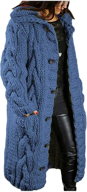 Cable Knit Open Front Sweaters for Women Long Plus Size Cardigan Hooded Chunky Button Down Comfy Kimono Coat Elegant Pockets