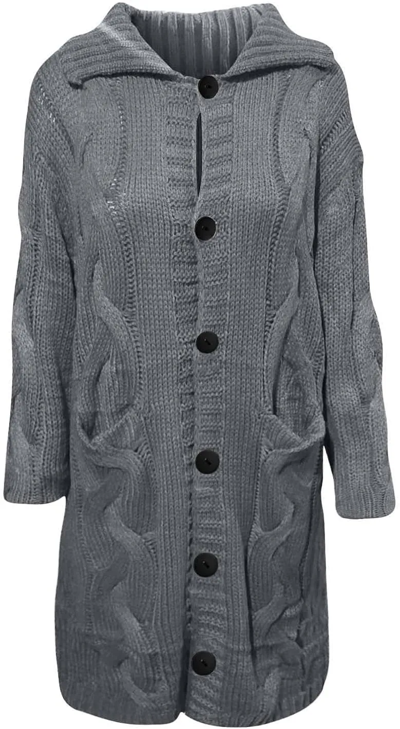 Cable Knit Open Front Sweaters for Women Long Plus Size Cardigan Hooded Chunky Button Down Comfy Kimono Coat Elegant Pockets