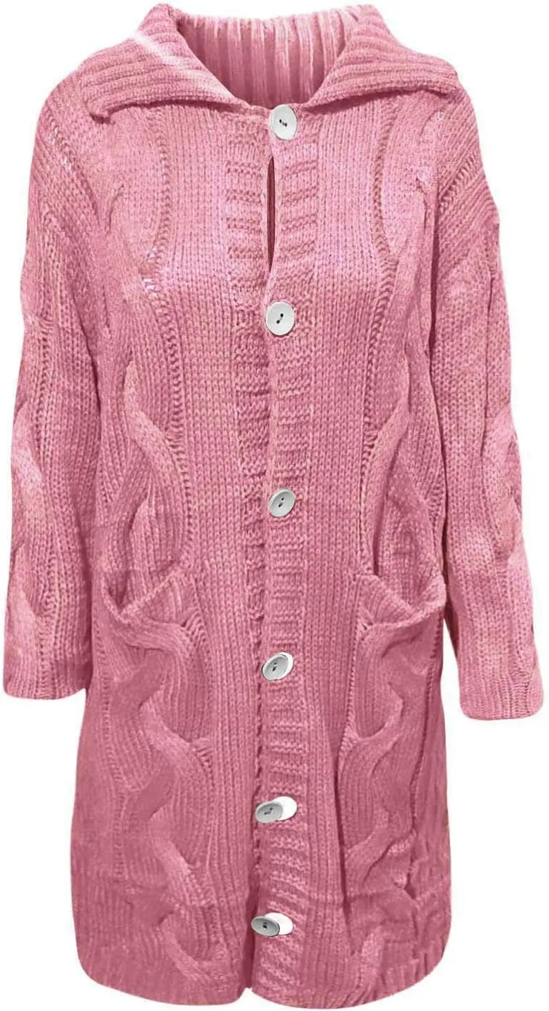 Cable Knit Open Front Sweaters for Women Long Plus Size Cardigan Hooded Chunky Button Down Comfy Kimono Coat Elegant Pockets