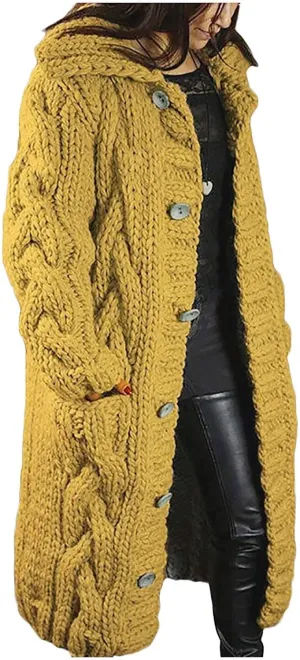 Cable Knit Open Front Sweaters for Women Long Plus Size Cardigan Hooded Chunky Button Down Comfy Kimono Coat Elegant Pockets