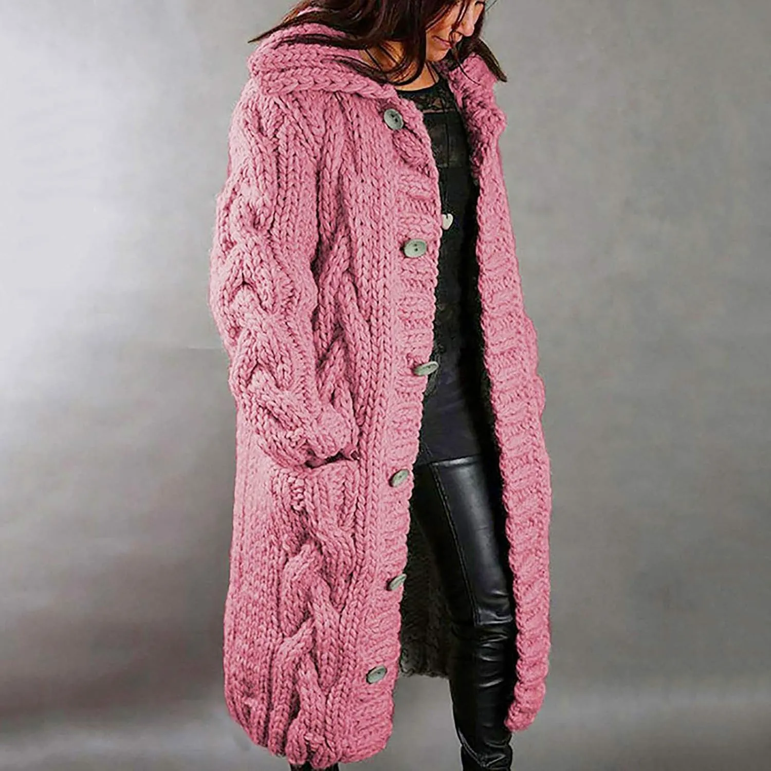 Cable Knit Open Front Sweaters for Women Long Plus Size Cardigan Hooded Chunky Button Down Comfy Kimono Coat Elegant Pockets