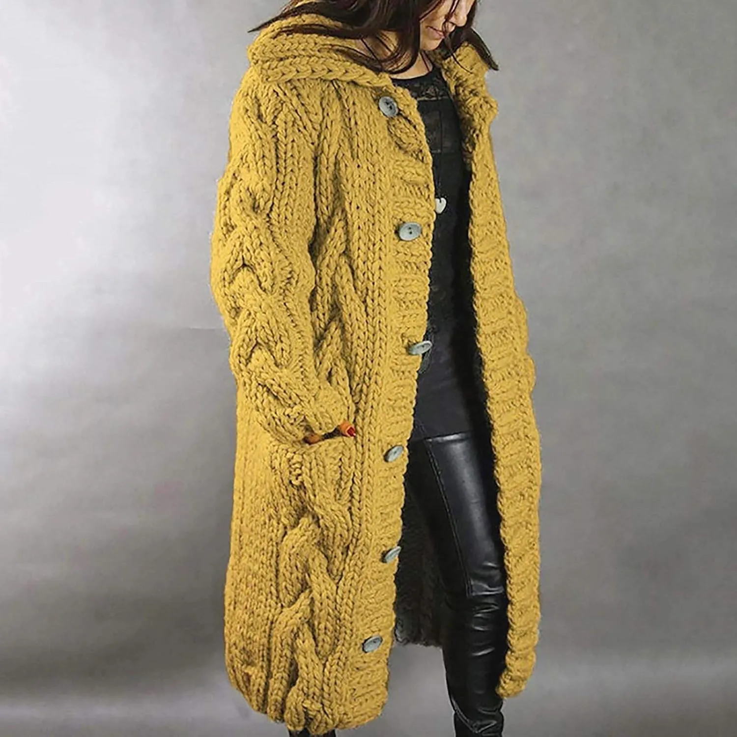 Cable Knit Open Front Sweaters for Women Long Plus Size Cardigan Hooded Chunky Button Down Comfy Kimono Coat Elegant Pockets